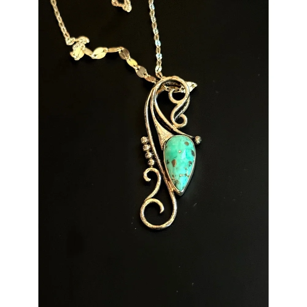 Sterling Silver 925 Turquoise Scroll‎ Pendant Necklace 30 Inch Chain 12.6g